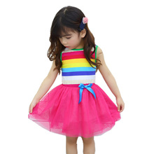 Vestido de princesa infantil feminino, elegante, bebês, festa de aniversário, vestido listrado com arco-íris, moda verão, roupas para crianças 2024 - compre barato