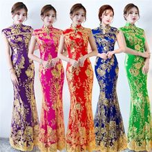 Novo laço bordado chinês tradicional vestido feminino lantejoulas longo fishtail cheongsam vintage oriental longo qipao vestidos de noite 2024 - compre barato