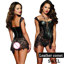 Plus Size 6XL Women's Sexy Faux Leather Corset Top With Lace Skirt Black Steampunk Gothic Bustier Lingerie Lace up Zipper Corset 2024 - buy cheap