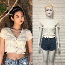 kpop Korean Celebrity Same Fresh sweet Short openwork tshirt women knitting tops female korean sexy V-neck short-sleeved T shirt 2024 - buy cheap