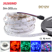 Fita de led colorida, 5 metros rgb luz, 3528 smd, dc 12v, não-impermeável, ip20, 300leds, fita flexível, branco quente, azul, verde, vermelho