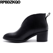 Fall Women Ankle Boots Medium Heel High Chunky Genuine Leather Black Slip On 2021 Short Autumn Booties Designer Pointed Toe Big 2024 - buy cheap