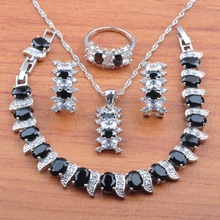 Silver Color Jewelry Set Black Zirconia White Crystal For Women Earrings Necklace Pendant Rings Bracelet Set JS0560 2024 - buy cheap