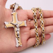 New Arrival Jesus Cross Pendant Necklace Link 6mm Byzantine Gold Silver Color Stainless Steel Men Jewelry Collar 18-36 Inch 2024 - buy cheap