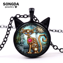 Mechanical Cat Red Gem Necklace Round Wheel Gear Glass Cabochon Photo Cat Ear Shaped Punk Pendant Necklace For Women Men Jewelry 2024 - buy cheap