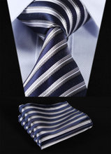 TS256V8 Navy Blue Gray Stripe 3.4" 100%Silk Wedding Jacquard Woven Men Tie Necktie Pocket Square Handkerchief Set Suit 2024 - buy cheap