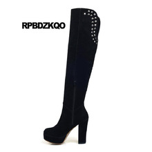 Fashion Knee High Shoes 10 Over The 9 Suede Slim Thigh Women Boots Chunky Exotic Dancer Big Size Dance Black Heel Rivet Stud 2024 - buy cheap