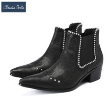 Christia bella rebites sapatos masculinos botas de couro genuíno nova moda metal apontou toe botas tamanho grande deslizamento em botas chelsea 2024 - compre barato