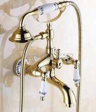 Golden Brass Porcelain Base Wall Mounted Bathroom Tub Shower Faucet Set Dual Ceramic Handle Mixer Tap + Handheld Shower ltf410 2024 - buy cheap