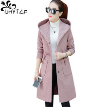 UHYTGF Casual Autumn Winter Woolen Coat Women Hooded Belt Slim Ladie Long Windbreaker Jacket Wild Elegant Outerwear Plus Size 93 2024 - buy cheap