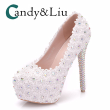 White Lace Super High Heel Wedding Shoes Colorful Sequin Round Toe Slip-on Women Pumps with Platform for Party Banquet Crystal 2024 - buy cheap