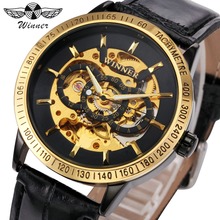 WINNER Watch Men Automatic Mechanical Watches 3D Index Design Golden Skeleton Dial Leather Strap Top Brand Luxury Wristwatch 2024 - buy cheap