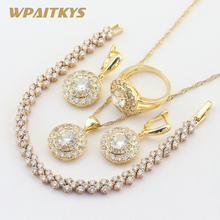 WPAITKYS-Conjuntos de joyas redondas de circonia cúbica blanca, Color dorado, para mujer, pulsera, pendientes, collar, anillos colgantes, caja de regalo gratis 2024 - compra barato
