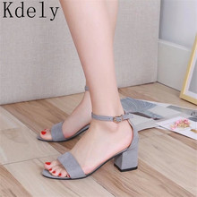Concise new women shoes buckle Flock leather heel sandals square heel high heels shoes big size 34-40 2024 - buy cheap