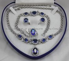 Pulseira incrustação de zircônia azul genuína, conjunto de brincos, colar banhado a anel, pedra de quartzo, cristal cz 2024 - compre barato
