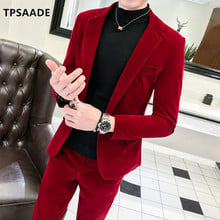 Terno masculino de veludo vermelho, mais novo terno de homens de negócios, moda em duas peças, casual, festa, banquete, slim fit vestido de cavalheiro 2024 - compre barato