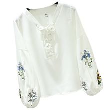 2019 Summer Women Embroidery Chiffon Shirt Female Elegant Lantern Sleeve Solid Blouse Lady Cross Bandage Plus Size Shirts Z470 2024 - buy cheap