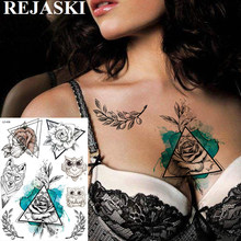 Женские Временные татуировки REJASKI, треугольные геометрические татуировки с изображением волка, совы, розы, камелии, акварельные татуировки, боди-арт, сексуальные татуировки 2024 - купить недорого