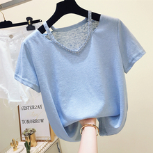 Camisa feminina manga curta gola v, camiseta de malha de seda refrescante para mulheres verão 2019 2024 - compre barato