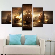 Canvas Prints Modular Pictures Wall Artwork 5 Panel Sea Battle Ships Flame Burned Painting Home Decor Poster Framed Living Room 2024 - buy cheap