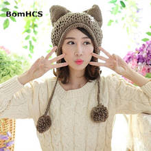 BomHCS Fox Ears Cat Ear New Women Winter Hat 100% Handmade Knitted Beanie Ear Muff Hat Cap 2024 - buy cheap