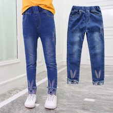 Calças jeans coelho bordadas para meninas, roupas para crianças de 4 a 16 anos, primavera e outono 2024 - compre barato