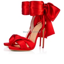 Sandálias de salto alto fino e fino, vermelho, preto, seda, sexy, sandálias de salto alto elegante, moda feminina, sandálias de laço borboleta, sapatos de salto stiletto 2024 - compre barato