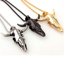 New Arrive Heavy Stainless Steel Silver Color/Gold/Black Cow Head Horns Biker Jewelry Men's Pendant Necklace Free Box Chain 24" 2024 - buy cheap