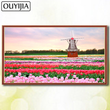 Mosaic Embroidery Picture Of Rhinestone OUYIJIA Flowers Windmill 5D DIY Diamond Painting Full Square Diamond Scenery Tulips 2024 - buy cheap