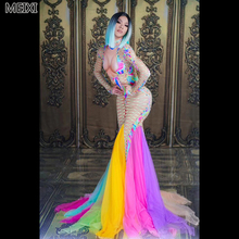 Sexy colorful lace mesh print stretch rainbow dress birthday party nightclub bar concert DJ singer/dancer costume 2024 - buy cheap