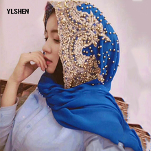 Hijabs muçulmano turbante velo islamico cachecol para mulher chiffon longo underscarf moslima cor sólida com miçangas oração turbante 2024 - compre barato