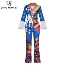 Qian Han Zi newest 2020 Designer fashion runway suit set Women's Long Sleeve Jacket/coats and Vintage Printed Pants 2 Piece Set 2024 - buy cheap
