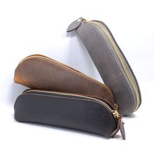 Genuine Leather Penal Kawaii School Pencil Case for Boys Girls Pen Box Large Crazy horse Zipper Pencilcase Box Stationery Pouch 2024 - buy cheap