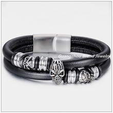 16mm Top Grade  Genuine Black Leather 316L Stainless Steel Silver color Skeleton Skull Clasp New Mens Wristband Bracelet 8.46" 2024 - buy cheap