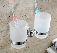 Envío Gratis cristal + latón + accesorios de baño de cristal soporte de vaso doble cromado, soporte de taza de cepillo de dientes GY015 2024 - compra barato