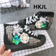 HKJL2019 tide brand high help rhinestone straps canvas sequins flowers beaded fashion sneakers 2024 - buy cheap