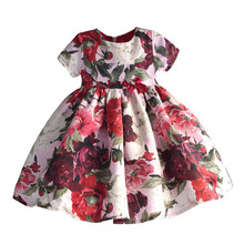 Vestido floral para meninas, vestido de festa infantil, de algodão, vermelho, com manga curta e coroa dourada, roupa para festa de casamento 2024 - compre barato