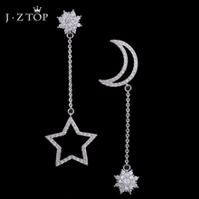 Асимметричные серьги-гвоздики с кристаллами в виде звезд и Луны, модные маленькие длинные серьги с кисточками в виде снежинок для женщин 2024 - купить недорого