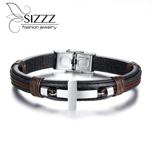 SIZZZ 2018 New Fashion Classic cross bracelet stainless steel leather bracelets&bangles for men 2024 - buy cheap