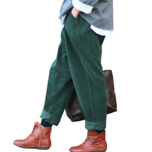 Qpfjqd calças femininas vintage, de veludo, quente, grossa, com cintura elástica, casual, solta, plissada, algodão, 2021 2024 - compre barato