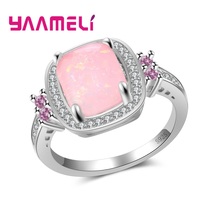 Pink Quadrilateral Opal Women Ladies Finger Rings Really 925 Sterling Silver Hard Cubic Zirconia Crystal Jewelry Gift 2024 - buy cheap