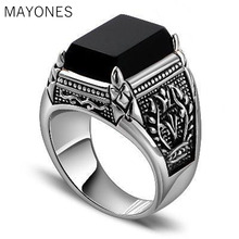 Anéis de ônix preto puro 100% prata esterlina para homens, retro, gravado, flor, quadrado, pedra natural, joia, 925 2024 - compre barato