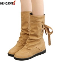 Women Winter Boot Lace-Up Mid-Calf Boot Solid Wedges Height Increasing Shoes Woman Lady Casual Leather Boot Fashion Botas Mujer 2024 - buy cheap