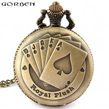 Bronze Royal Flush Poker Vintage Pocket Watch Necklace With Chain Pokemon Cards Engrave Flip Pendant Watch Clock For Men Women 2024 - buy cheap