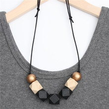 1pc New Wood Geometric Necklace Painted Chunky Faceted Wooden Beads Ball Chunky Leather Cord Brown Black Statement E2070 2024 - buy cheap