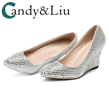 Silver Crystal Shoes Woman Pumps Wedges Pointed Toe Block Party Bling Rhinestone Decoration Bridesmaid Wedding High Heels 2024 - buy cheap