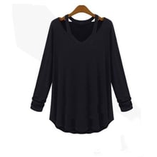 Autumn women casual fashion clothing Ladies Long Sleeve Loose T-shirts v-neck hollow out solid asymmetric T-shirt tops 2024 - buy cheap