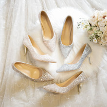 Sapato único novo, sapatos de dama de honra de salto fino, sapatos de cristal, lantejoulas de prata, sapatos de salto alto 2024 - compre barato