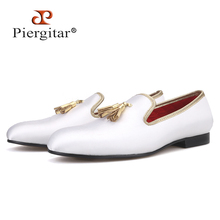 Piergitar 2019 New three colors men satin shoes with leather tassel handmade men's loafers wedding and party men dress shoes 2024 - buy cheap