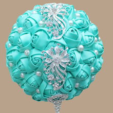 Buquê de damas de honra de luxo tiffany flor azul strass broche casamento buquês floral cetim rosa flores exploração flor 2024 - compre barato